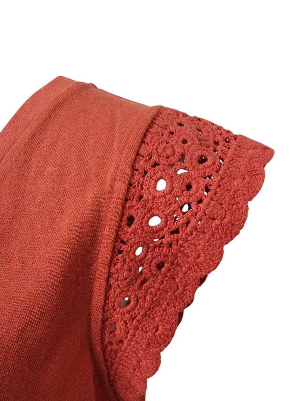 Loft Size L Red-Orange Poppy Scoop Neck T-Shirt with Crochet Lace Sleeves - Picture 3 of 12